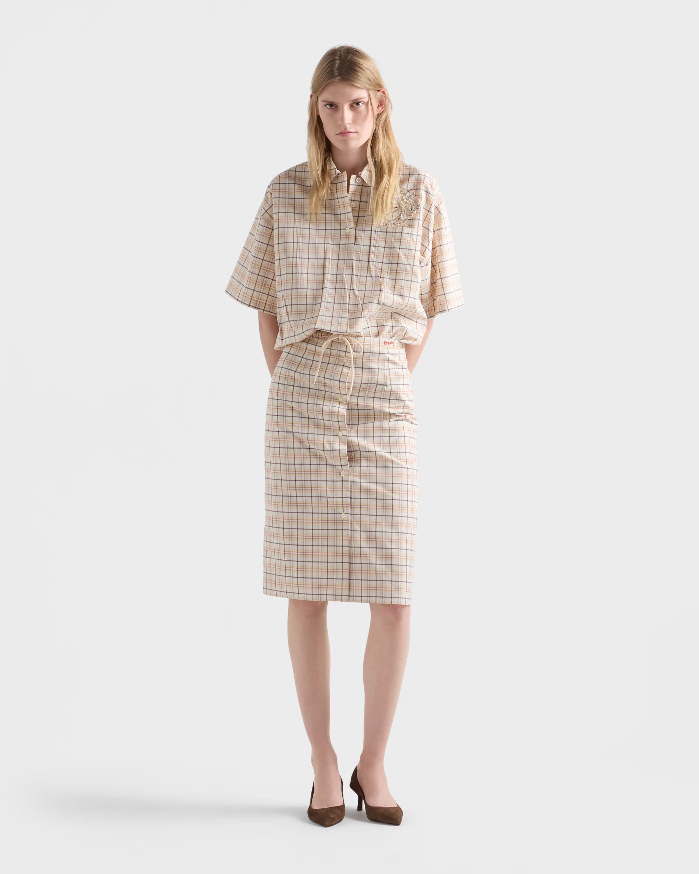 Embroidered checked poplin top