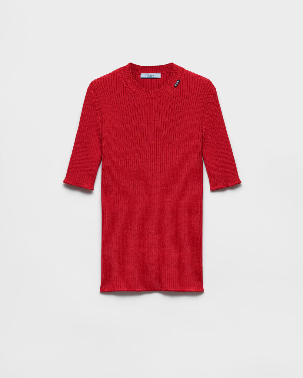 Short-sleeved ribbed knit wool sweater
